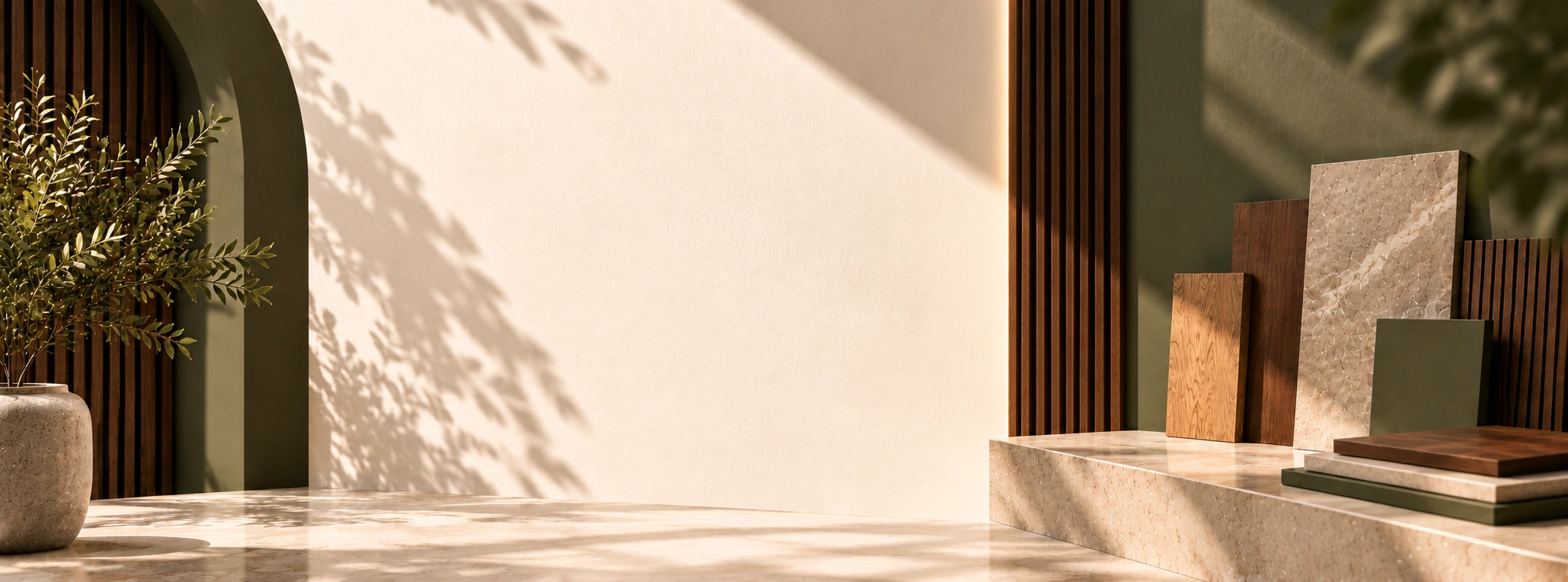 Luxury architectural materials display with wood, stone, marble, and plant cast in warm sunlight