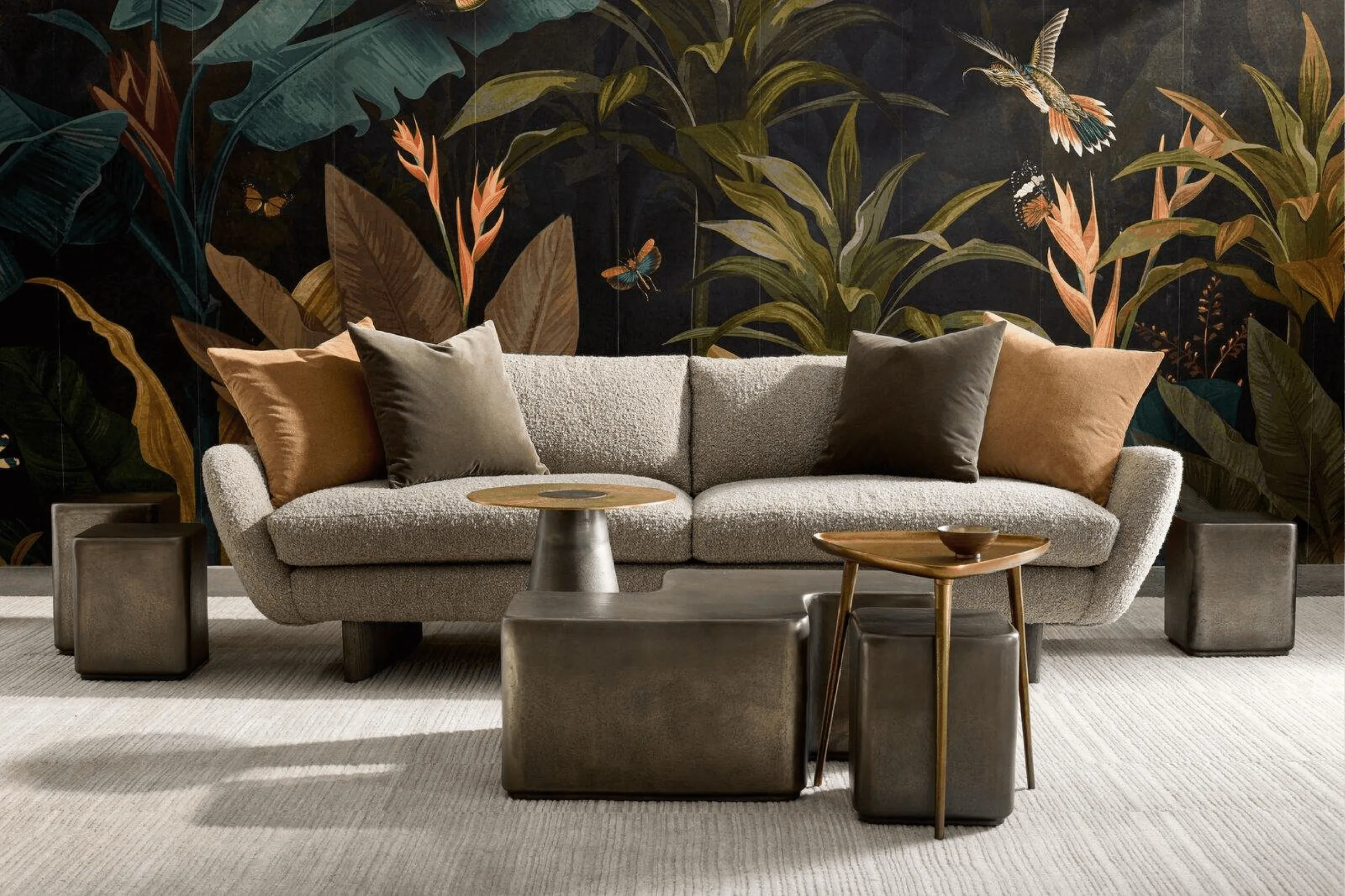 Interio Store luxury botanical interior with bouclé sofa, sunlit terrace, and architectural wallpaper