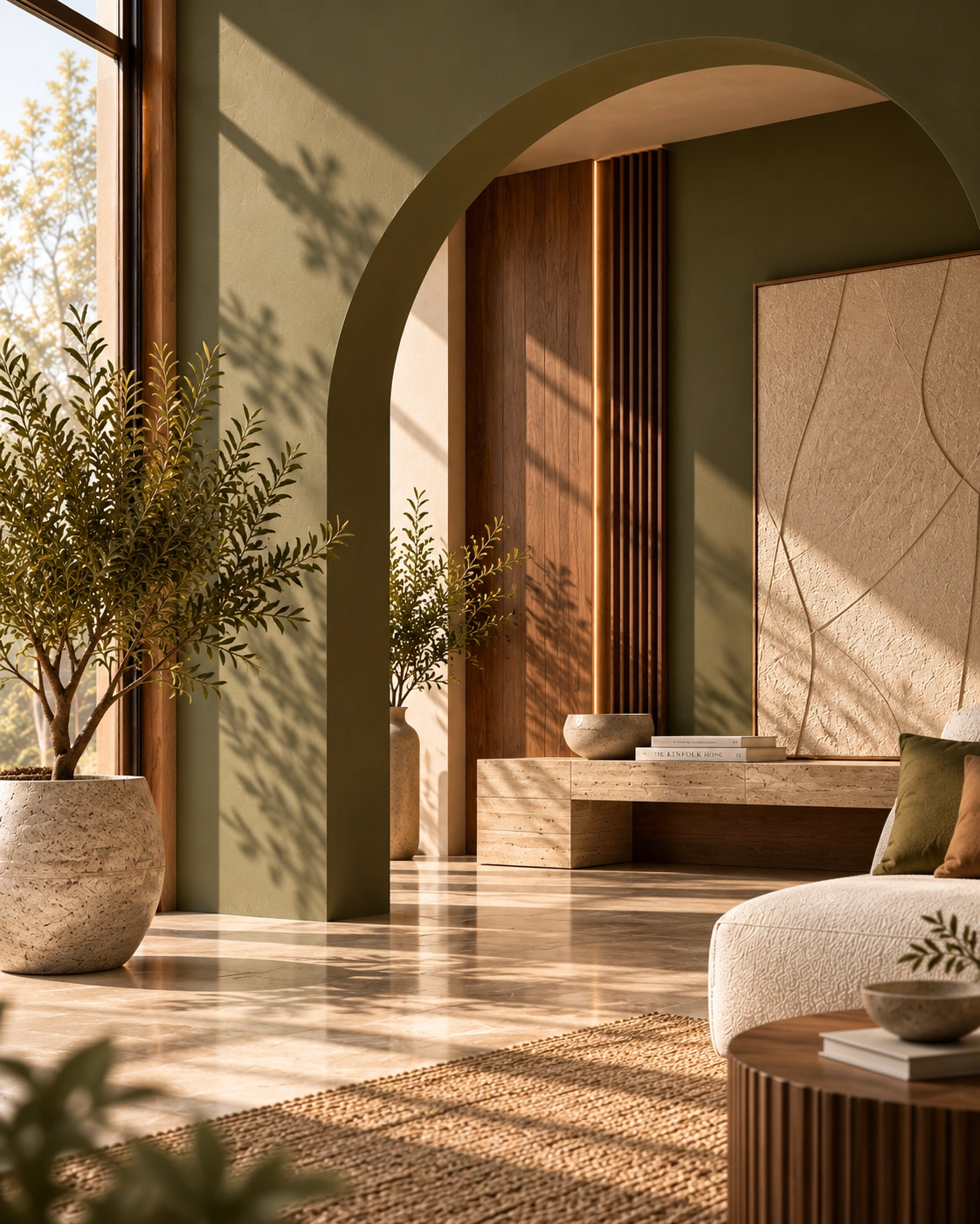 Minimalist archway with warm sunlight, potted olive tree, and stone flooring