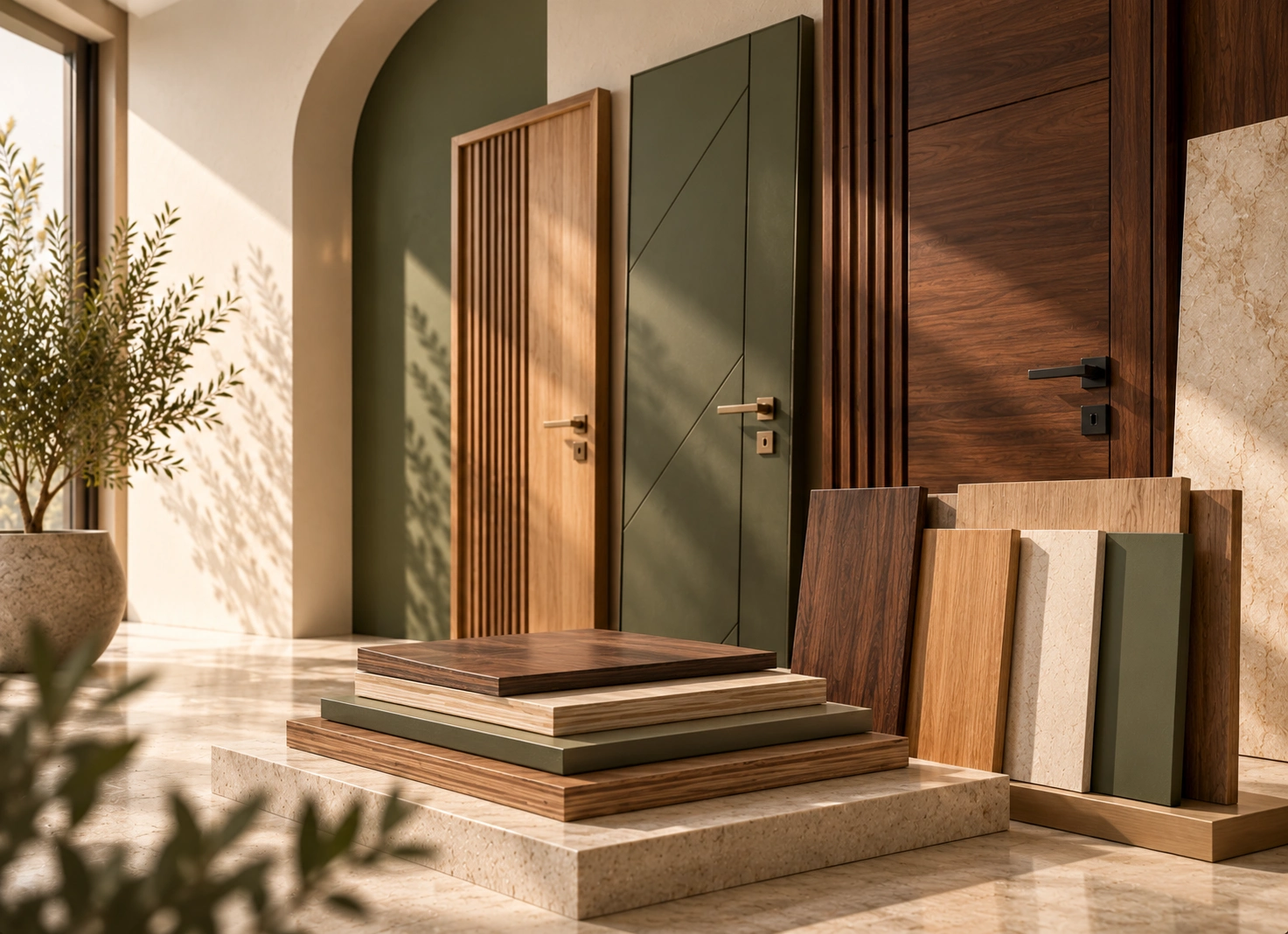 Minimalist wooden interior door and textured decorative laminate samples