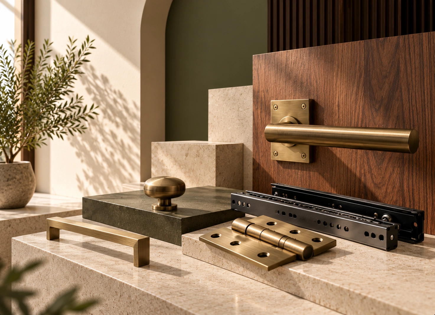 Luxury brushed antique brass door handles, knobs, and architectural hinges