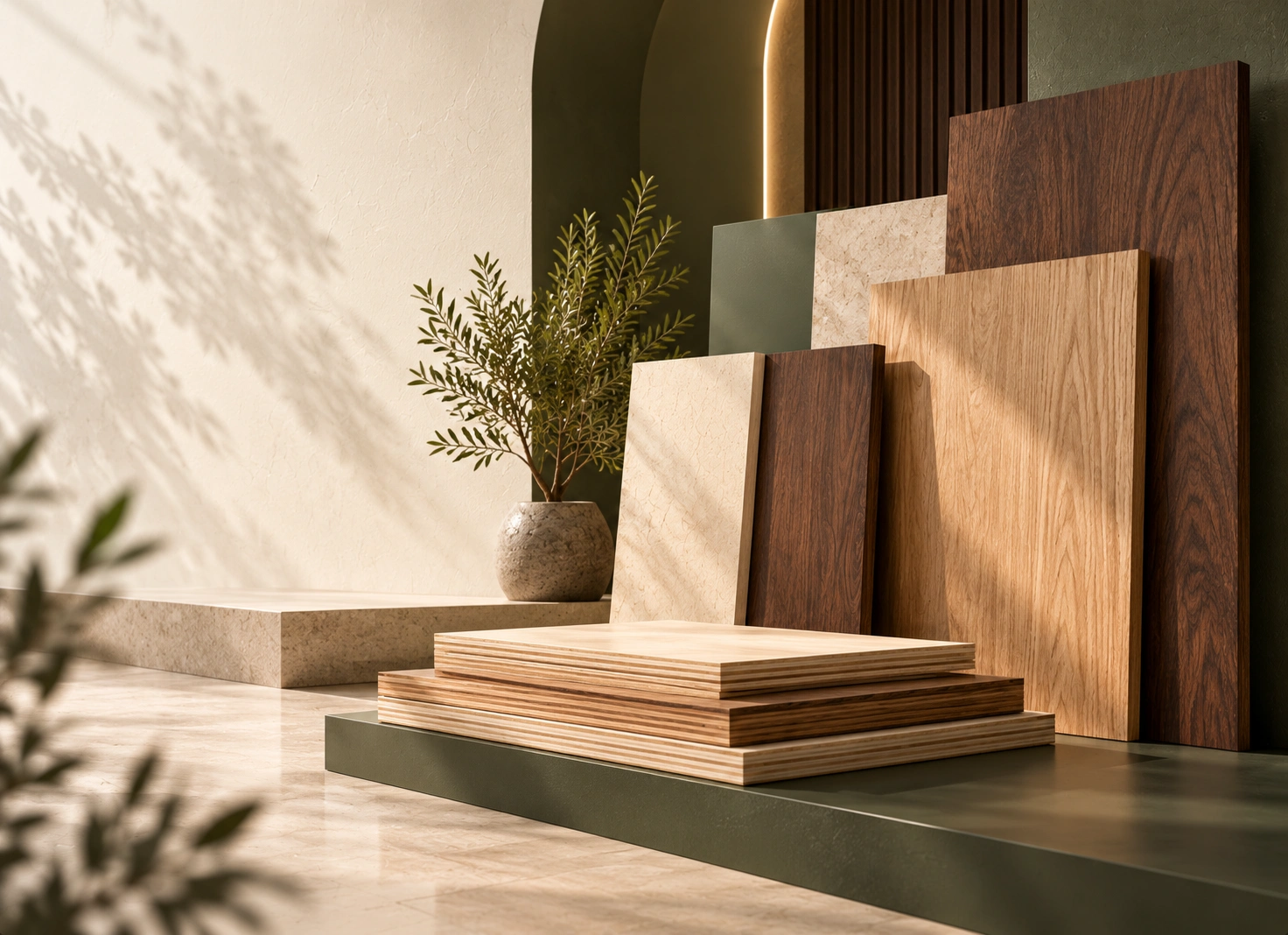 Stack of precision engineered plywood and wooden boards in sunlit room