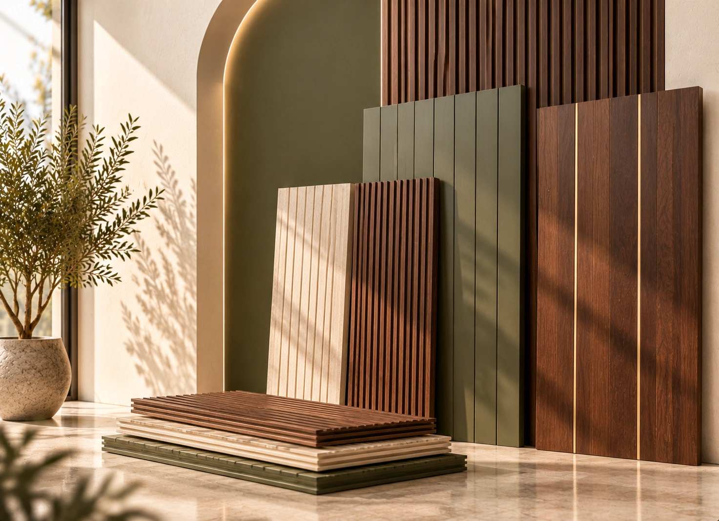 Vertical fluted timber acoustic wall cladding with warm ambient lighting