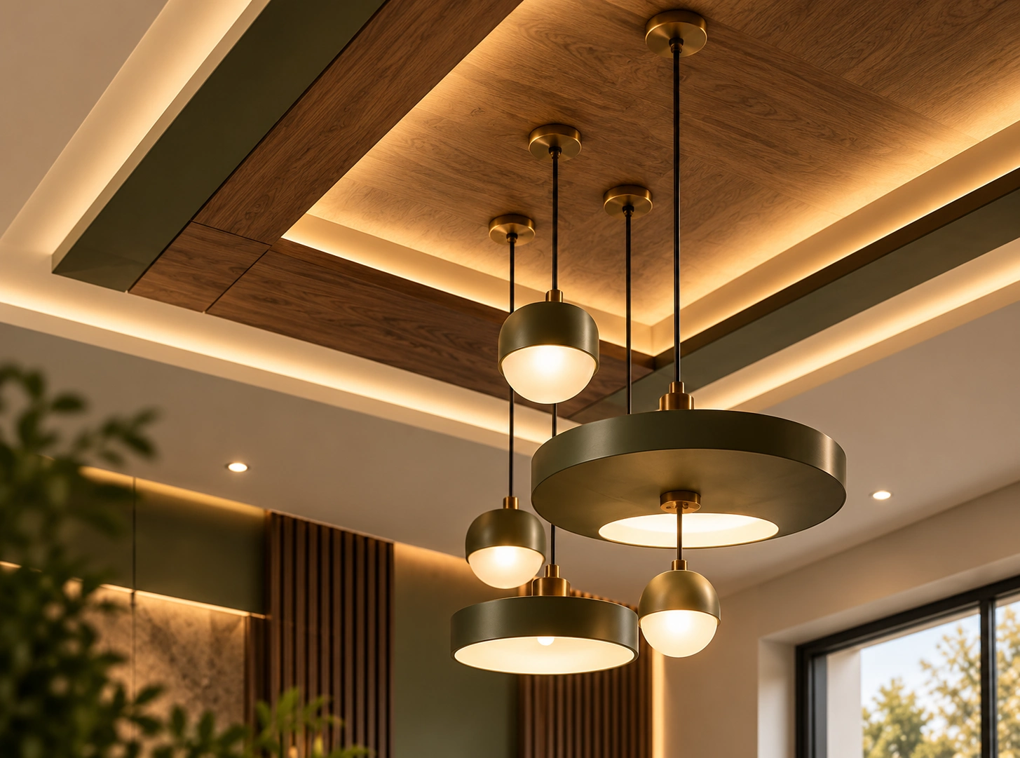 Cove indirect lighting in coffer ceiling with brass pendant chandeliers