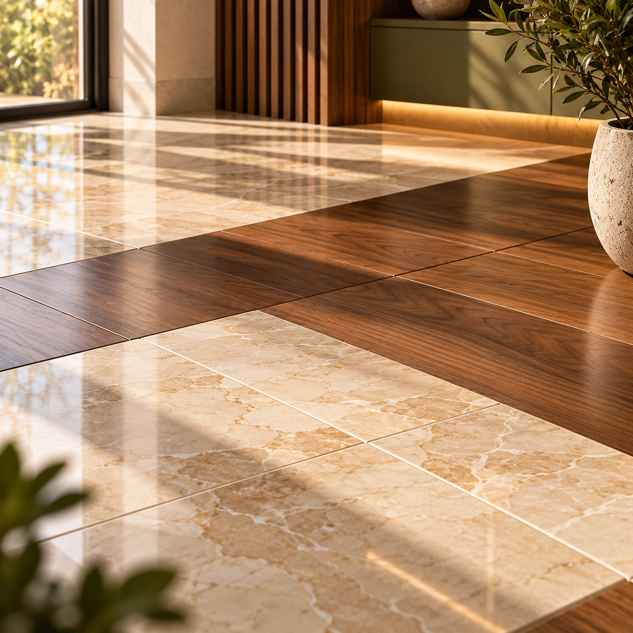 Polished Italian marble and hardwood parquet floor transition in warm sunbeam