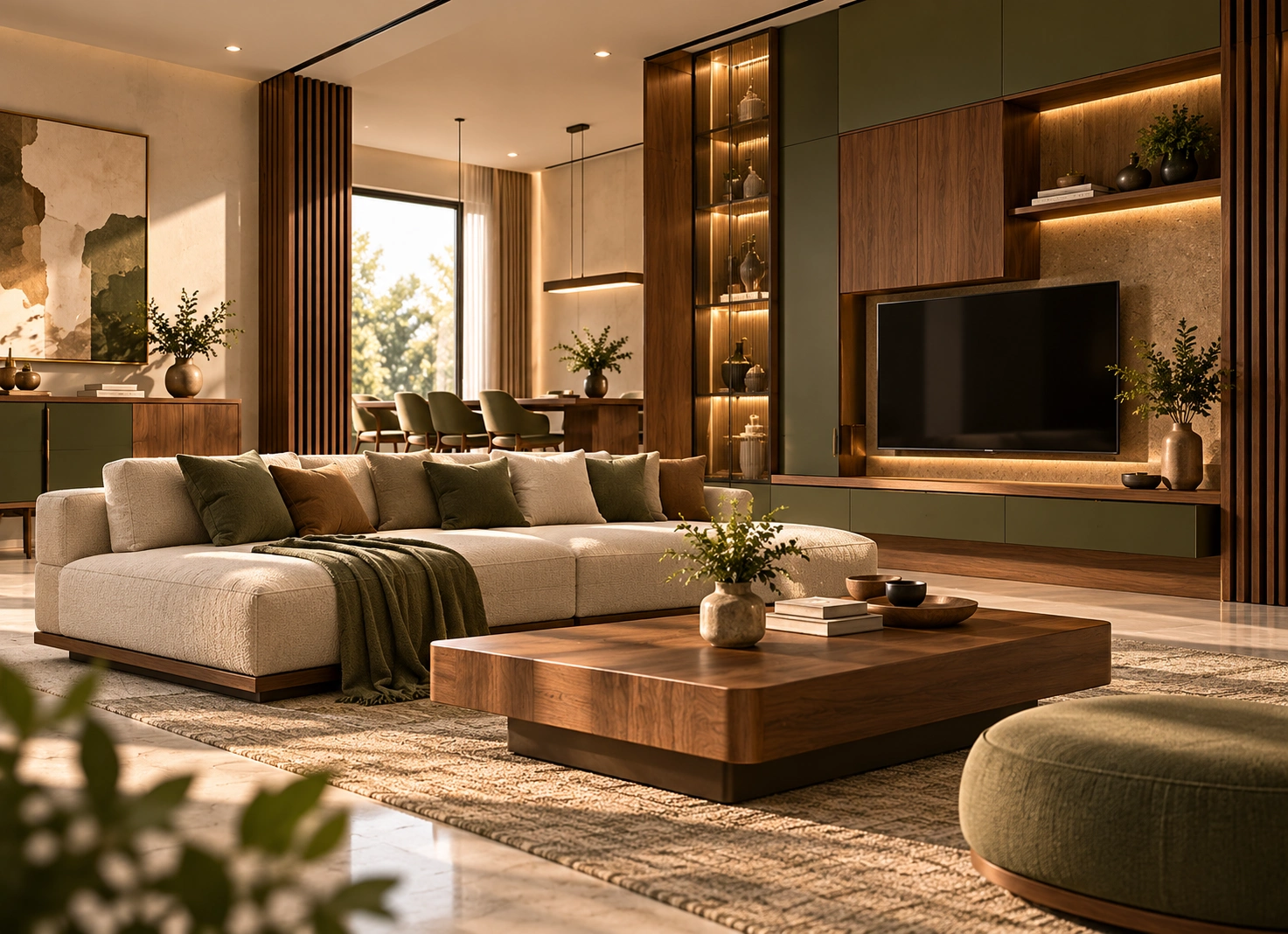 Contemporary curved modular bouclé sofa with slatted wood wall backdrop