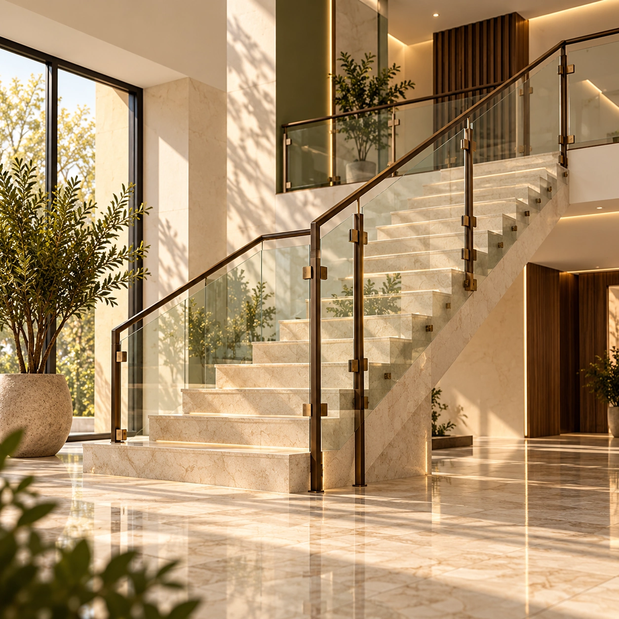 Fluted glass partition and brass-framed cantilevered marble staircase