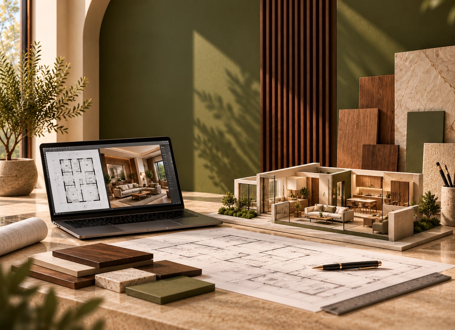 Architectural blueprints, fabric swatches, and material board on oak table
