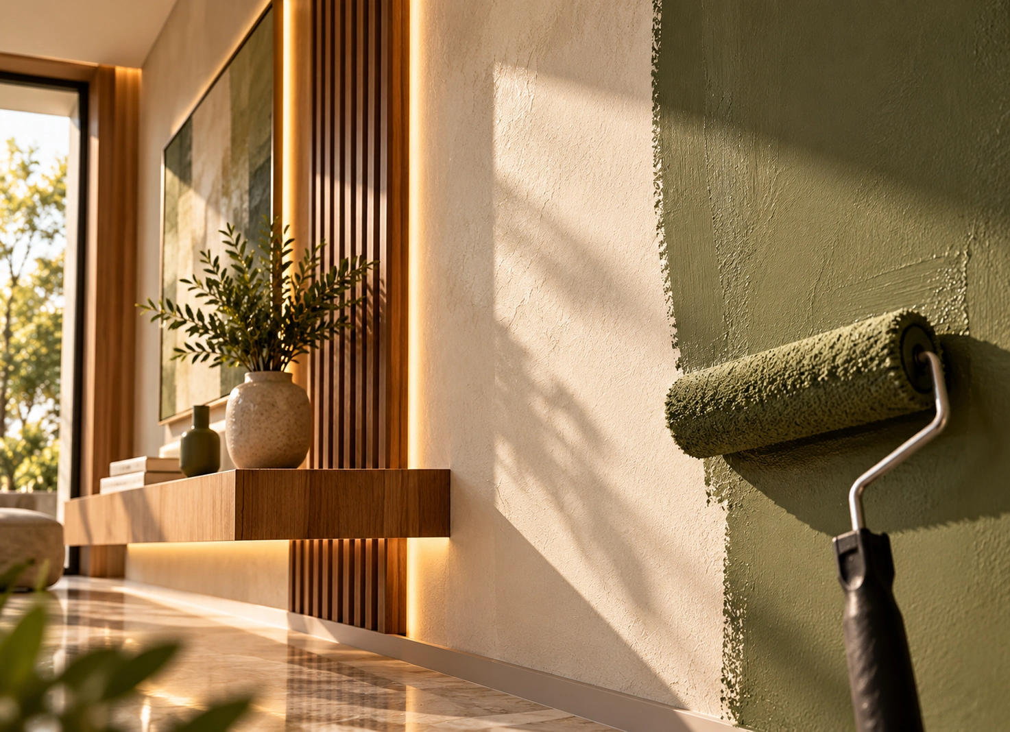 Textured lime plaster wall finish, roller, and paint tin in natural light